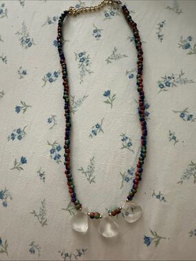 Handmade Multicolor Beaded Necklace with Clear Teardrop Pendants